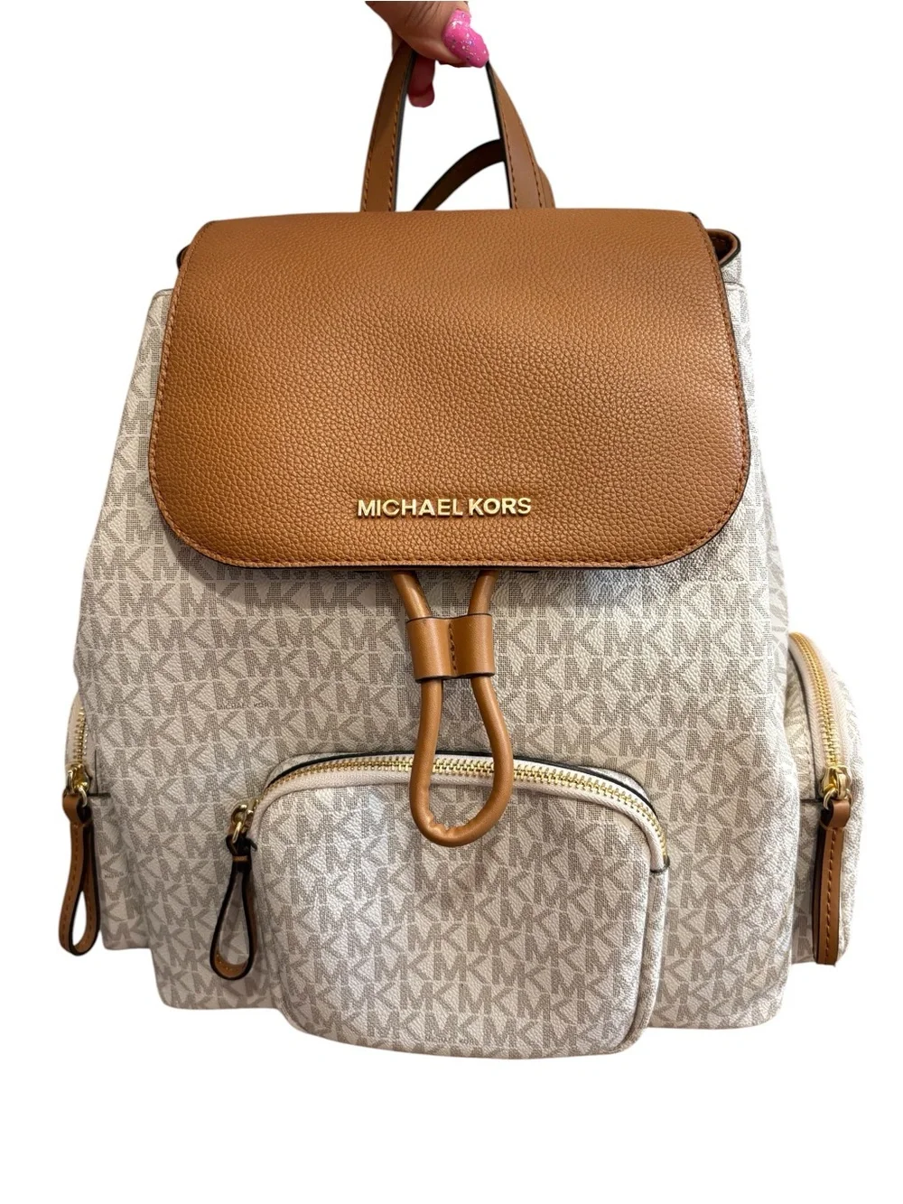 NWT Michael Kors Abbey Large Cargo Signature Backpack in Acorn and Vanilla